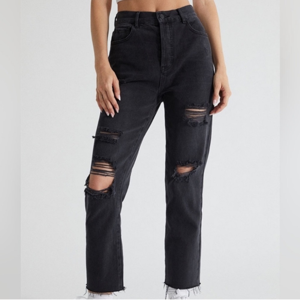 PacSun | Women’s black distressed High Rise Straight buttonfly jeans raw hem 25